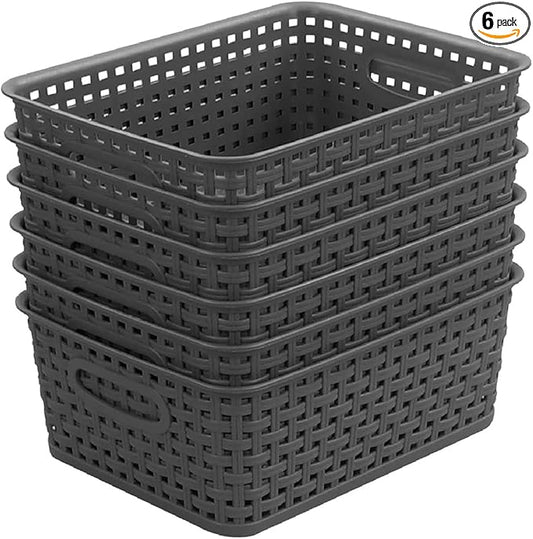 Grey Plastic Woven Storage Basket, 6-Pack Weave Gray Basket Organizer for Kitchen Office Bathroom-NeatNest