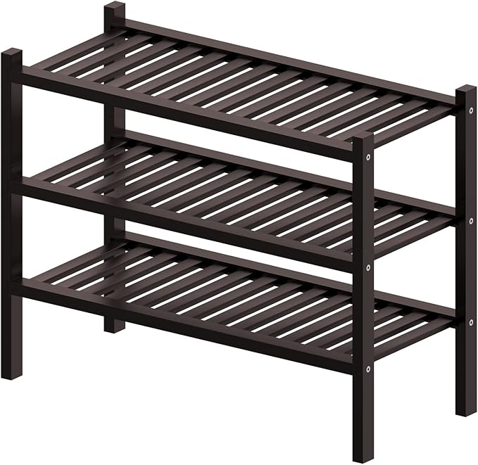 3 Tier (Thick) Bamboo Shoe Rack for Closet Free Standing Wood Shoe Shelf for Entryway Small Space Stackable 27"x12"x21" (Black Brown)-NeatNest