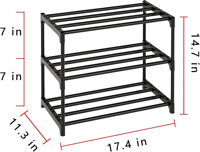 Metal Stackable Small Shoe Rack Organizer, Narrow Shoe Racks for Closets Entryway, Shoe Stand,Shoe Shelf with Handle (3-Tier-Black)-NeatNest