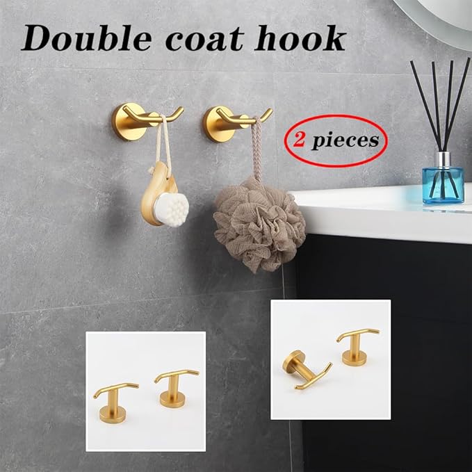 GERZWY Bathroom Double Coat Hook Gold Stainless Steel Towel/Robe Clothes Hook for Bath Kitchen Wall Mounted 2 Pack AG61908-2BE