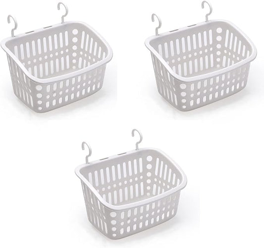 3PCS Plastic Hanging Baskets for Shower, Hanging Basket Organizer with Hooks, Rectangle 10.6Inches Small Hanging Storage Basket (Grey)-NeatNest