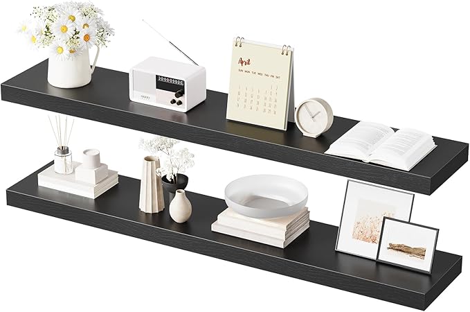 HOOBRO Floating Shelves for Wall, Wall Mounted Shelf Set of 2, 47.2" Hanging Shelf with Invisible Brackets, for Wall in Bathroom, Bedroom, Toilet, Kitchen, Living Room, Office, Black BK120BJP201-NeatNest