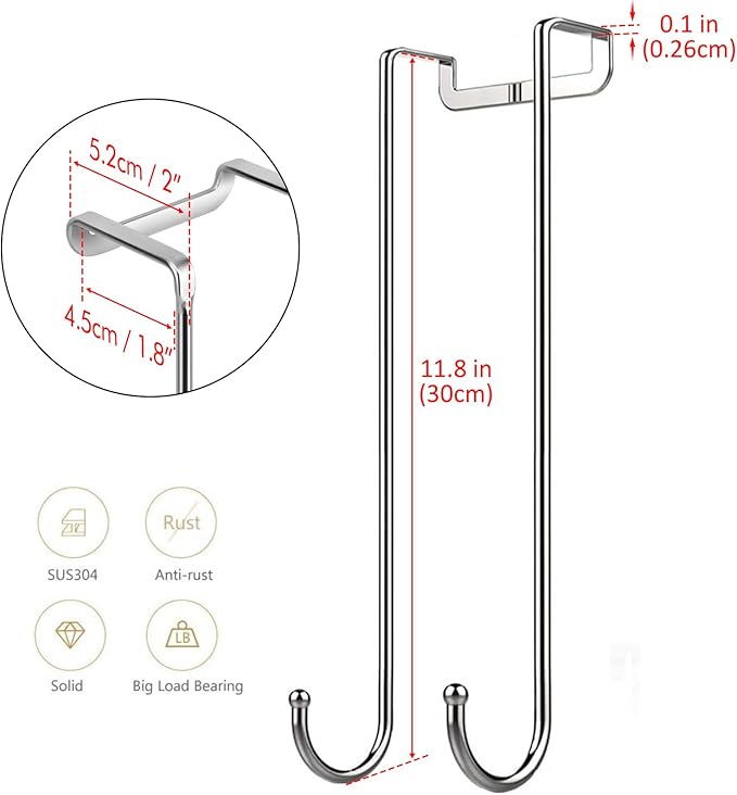 Over The Door Hook Length 11.8 inch Heavy Duty Door Hanger for Home Kitchen Office