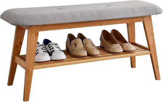 Bamboo Shoe Bench, Entryway Bench, 2 Tier Shoe Rack Bench (Nature,35.4'')-NeatNest