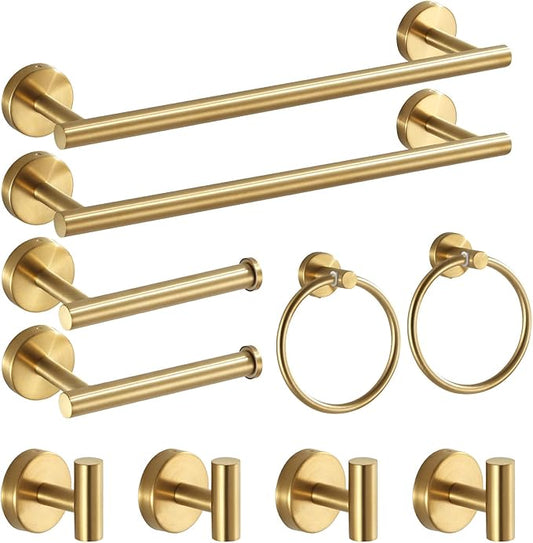 Bathroom Hardware Set Brushed Gold, 10pcs Towel Bar Set Including 2pcs16 inch Towel Bars, Toilet Paper Holders, Towel Rings and 4pcs Robe Towel Hooks