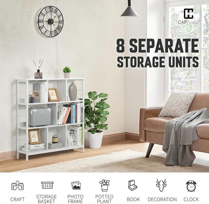CAPHAUS 8 Cube Storage Organizer, 40” Wide 3 Tier White Industrial Open Shelf Bookcase, Display Shelf, Horizontal Bookshelf with Metal Frame, Wooden Board, for Living Room, Bedroom, Office-NeatNest
