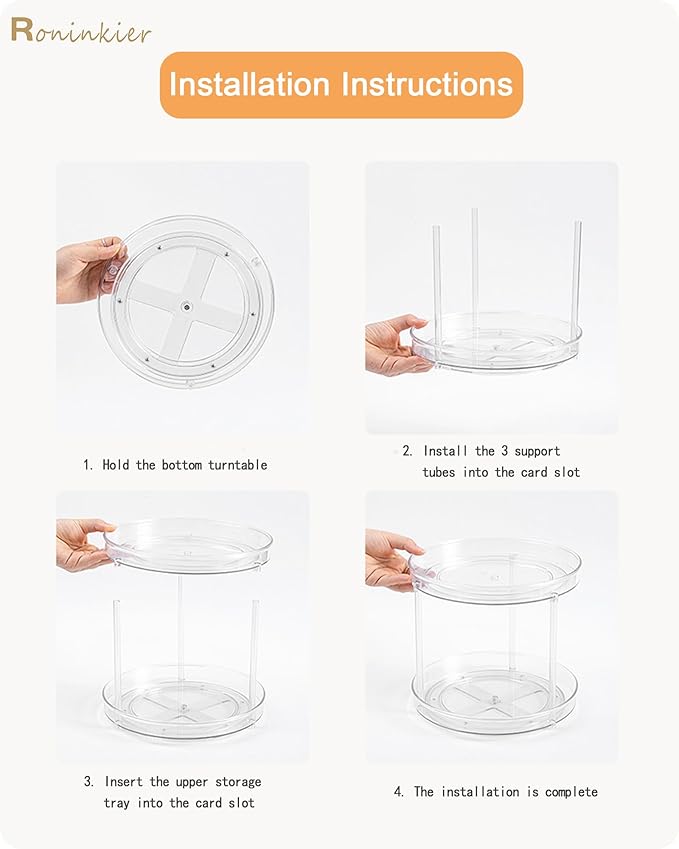 Roninkier 2-Tier Clear Lazy-Susan Turntable – 9-Inch Pantry Spice-Rack Cabinet-Organizer – Plastic Lazy Susan Makeup Organizer for Bathroom Countertop