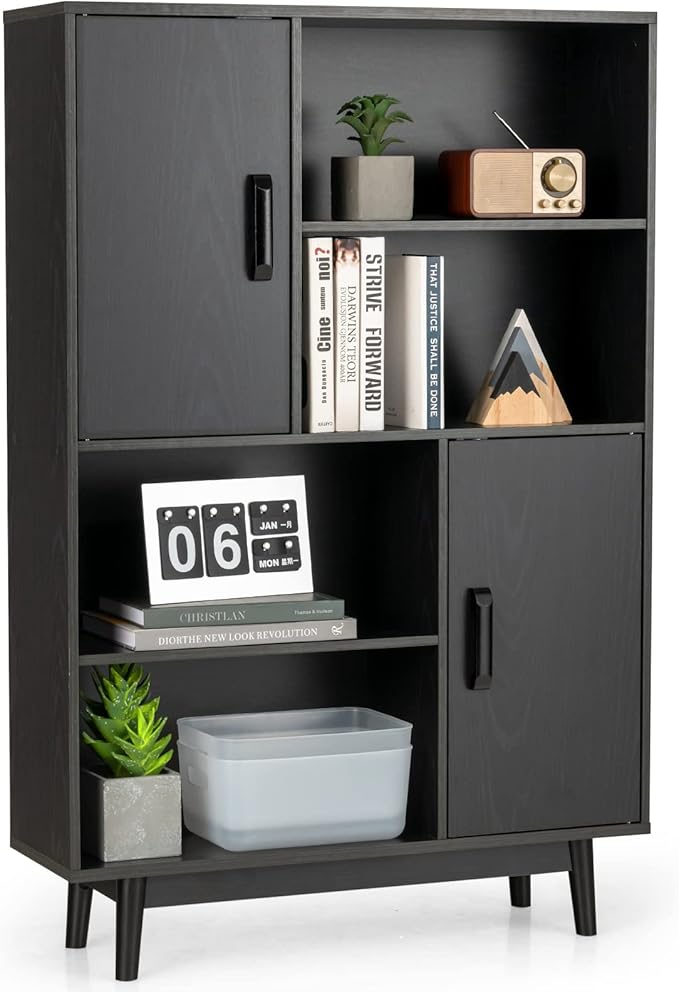 Giantex Storage Cabinet with Legs, Floor Cabinet with Doors, Shelves, Anti-Tipping Device, 4-Tier Bookshelf for Books & Photos, Tall Cupboard in Living Room, Kitchen Buffet Sideboard (Black)