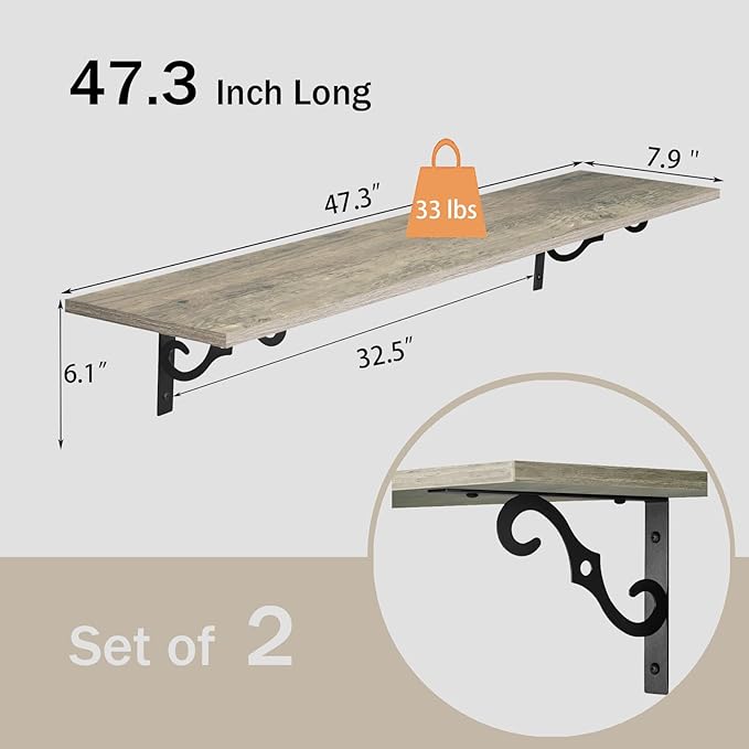 DINZI LVJ Long Wall Shelves, 47.3 Inch Large Floating Shelves Set of 2, Wide Display Shelf Wall Mounted with Brackets, Easy Hanging for Living Room, Toilet, Office, Bedroom, Gray Wash-NeatNest