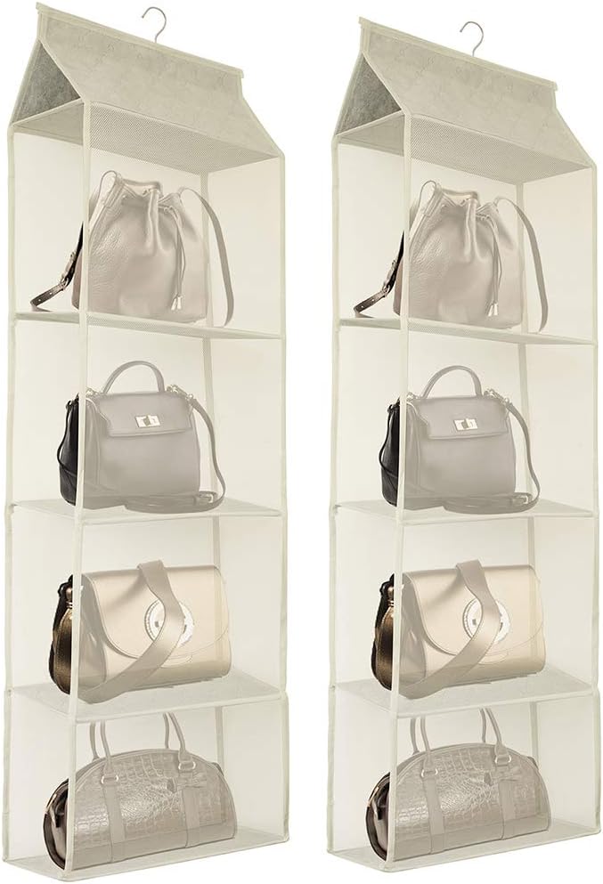 Closet Handbag Purse Holder, Space Saving Hanging Handbag Storage Tote Bag Organizer Holder with 4 Large Heavy-Duty Mesh Shelves for Wardrobe Closet(Pack of 2 Beige)-NeatNest