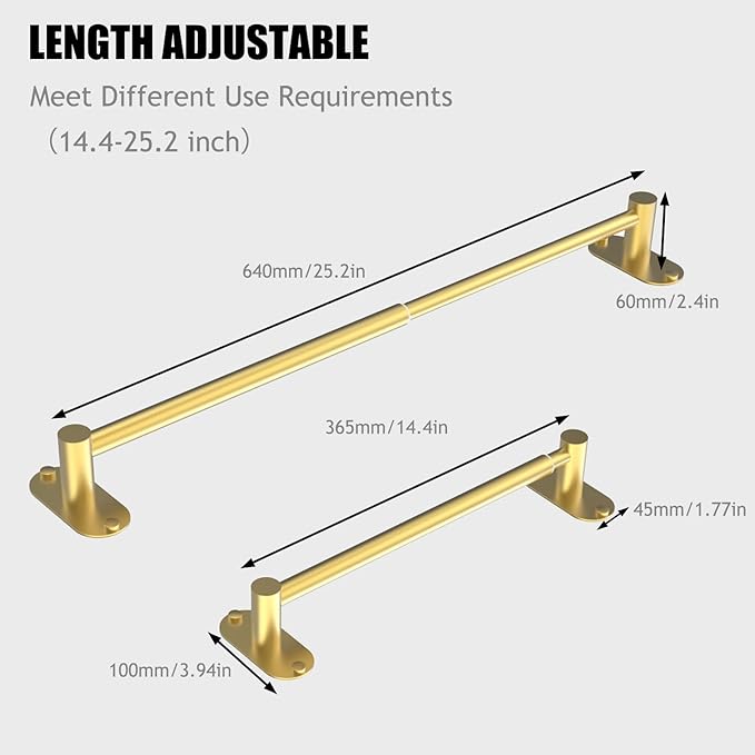 Towel Bar, Adjustable 14.4inch - 25.2inch Towel Rack, Self Adhesive & Wall Mounted for Bathroom Kitchen Hand Towel Holder Cloths Hanger SUS 304 Stainless Steel Organizer Single Bar Gold