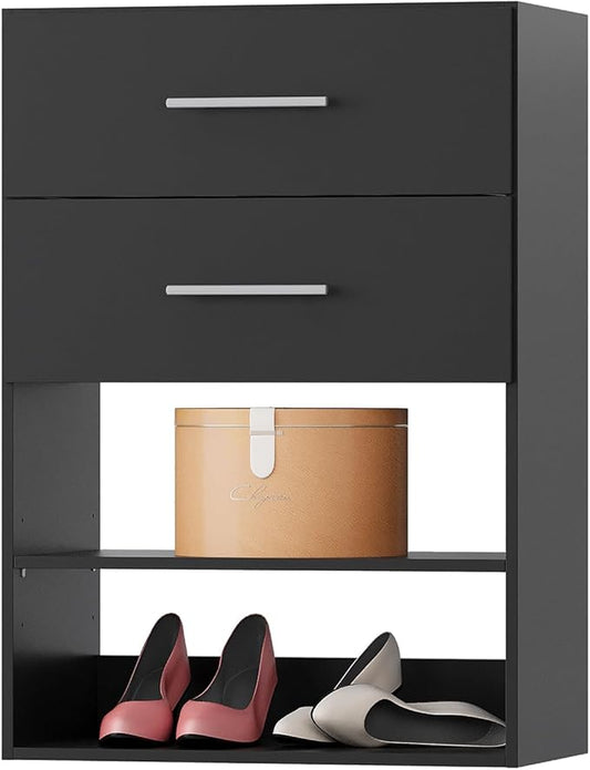2 Drawer Short Tower Closet Unit, Modular Closet System, Wood Closet System Organizer with Storage for Walk In Closets, Clothing Rack Closet for Hanging Clothes, Bedroom, Black, 25.5"W
