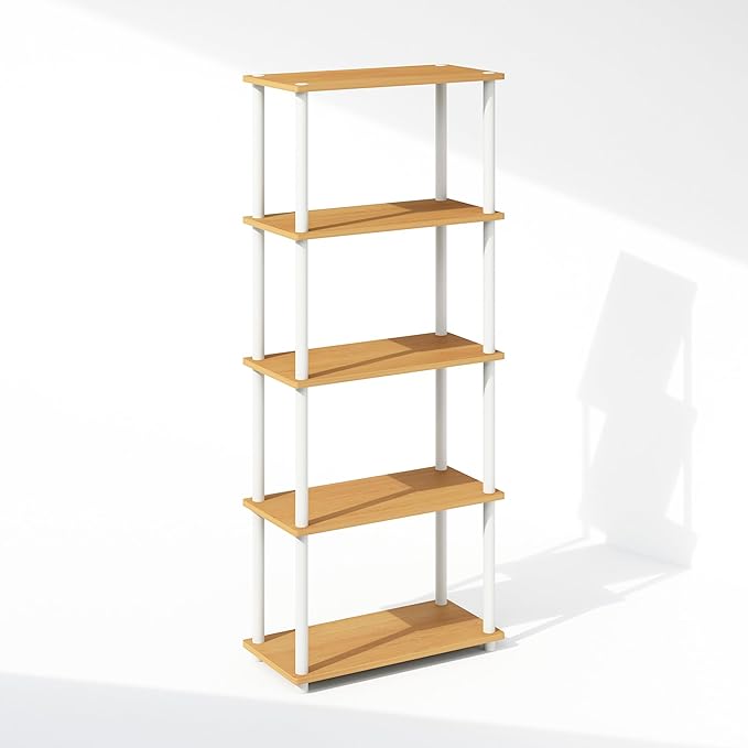 Furinno Turn-N-Tube 5-Tier Multipurpose Compact Bookcase, Beech/White-NeatNest