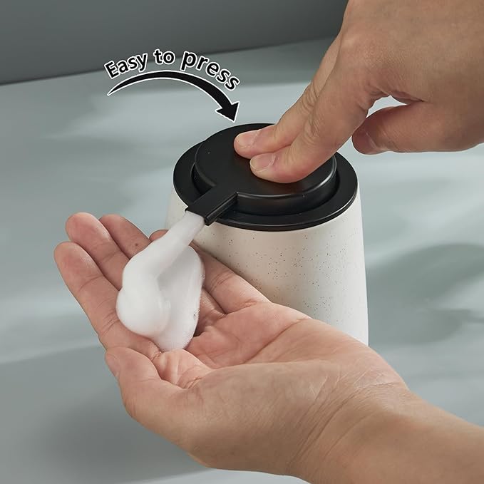12Oz Foaming Soap Dispenser - Ceramic Foam Hand Soap Dispenser with Easy-to-Press Black Pump, Reusable and Refillable Lotion Dish Soap Dispensers for Bathroom & Kitchen, Speckled Matte White-NeatNest