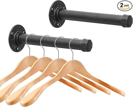 Cast Iron Wall Mounted Clothes Rack, Heavy Duty Industrial Pipe Clothing Rack for Hanging Clothes, Garment Racks for Wardrobe Organizers and Storage, DIY Closet Rods Closet Bar (Black 2 Pack, 8 in)-NeatNest