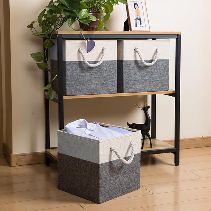 PRANDOM Large Foldable Cube Storage Bins 13x13 inch [4-Pack] Fabric Linen Storage Baskets Cubes Drawer with Cotton Handles Organizer for Shelves Nursery Closet Bedroom White and Grey-NeatNest
