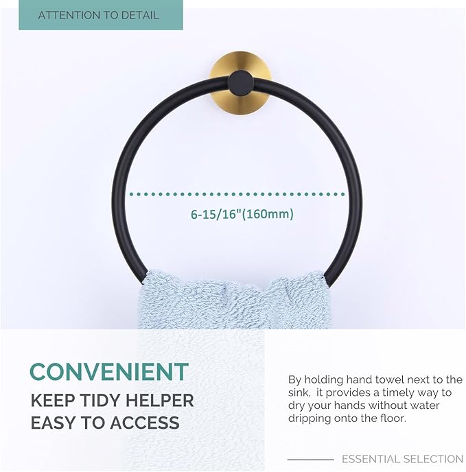 Angle Simple Towel Ring Swivel, Stainless Steel Hand Towel Holder Rack for Bathroom, Black and Gold