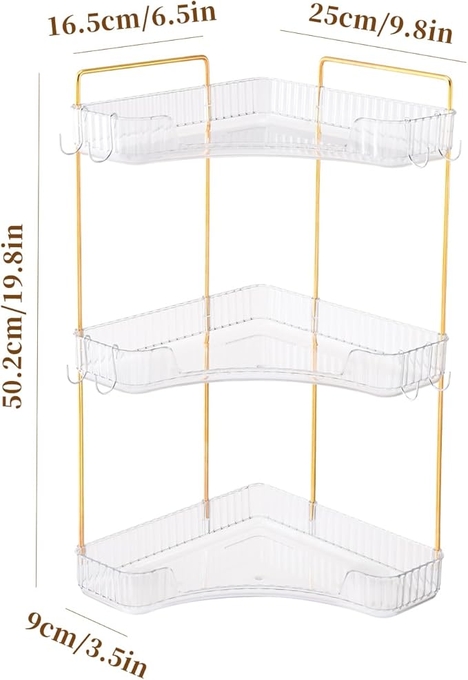 3 Tier Plastic Bathroom Counter Organizer with Hooks,Corner Vanity Tray and Makeup Storage Shelf for Sink, Countertop (White Gold)-NeatNest