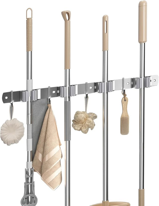 Broom Holder Wall Mount Organizer: Mop and Broom Holder Wall Mount Garage Wall Organizer, Stainless Steel Heavy Duty Garden Tool Organizer Storage Rack for Home Kitchen Garden Laundry, 4 Racks 4 Hooks-NeatNest
