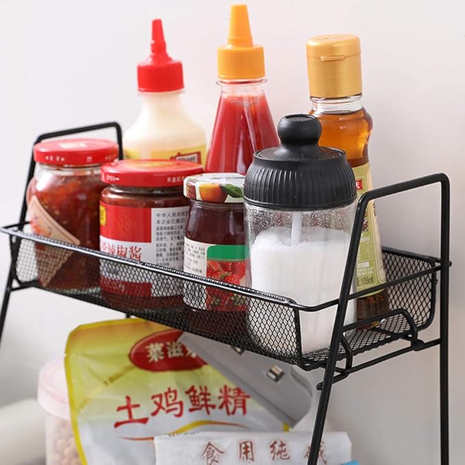 Metal 2 Tier Spice Storage Rack for Kitchen, Countertops, Cabinets, Organizer for Bathroom,Basket for Office and Home, Black