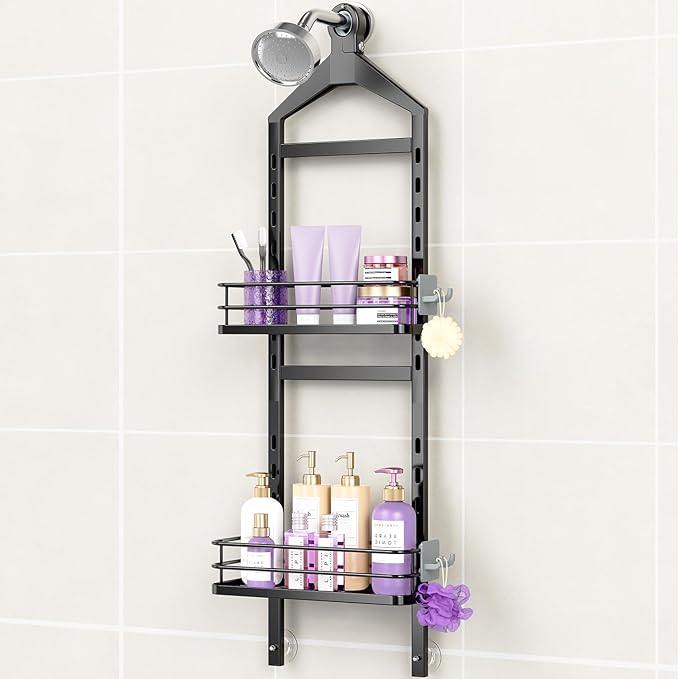 ODesign 2 Tier Height-Adjustable Shower Caddy Hanging Anti-Swing-Over The Shower Head Caddy Storage Organizer Bathroom Shelves Basket-Black