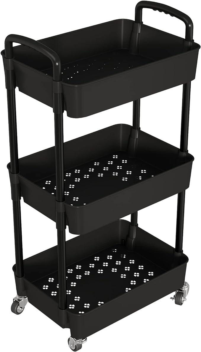 Laiensia 3-Tier Kitchen Storage Cart,Multifunction Utility Rolling Storage Organizer,Mobile Shelving Unit Cart with Lockable Wheels for Bathroom,Laundry,Living Room,With Classified Stickers,Black-NeatNest