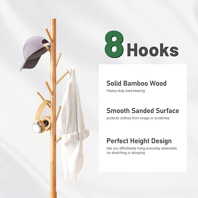 Coat Rack Freestanding, Bamboo Wood Coat Stand with 8 Hooks,3 Adjustable Size,Easy Assembly NO Tools Required, Coat Tree Hanger Stand for CoatsScarves in Hallway-NeatNest