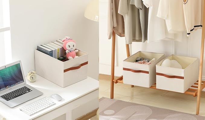 ALYER Collapsible Fabric Storage Organizer with Handles,Shelf Bins Box Container for Bedroom Office Closet Babies Nursery Toys Books Clothes (Beige, 15.8" x 12" x 10")