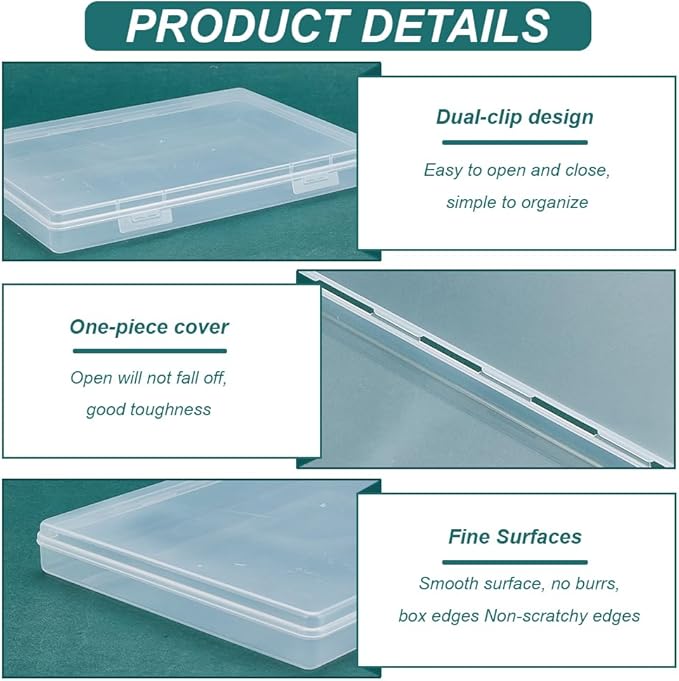 BENECREAT 4 Packs 6.3x8.8x1inch Bead Storage Organizer Box, Rectangle Clear PP Plastic Box Containers, Dustproof Case with Hinged Lid for Cards, Beads and Craft Supplies-NeatNest