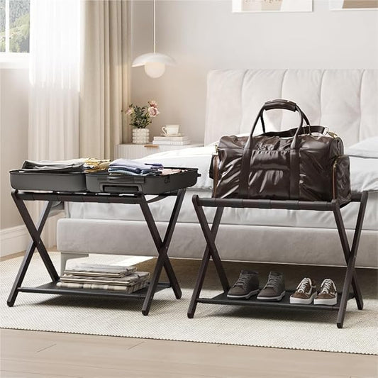 2 Pack Luggage Rack, Folding Luggage Rack for Guest Room, Brown Bamboo Suitcase Stand Holds up to 131 lb, Luggage Stand with Storage Shelf for Hotel, Bedroom