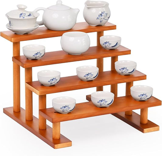 4 Tier Wooden Display Riser Stand Perfume Organizer, Dessert Table Display Set, Solid Wood Food Display Stands for Party, Bamboo Rustic Solid Wood Shelf for Cupcakes, Perfume, Cologne, Spiece-NeatNest