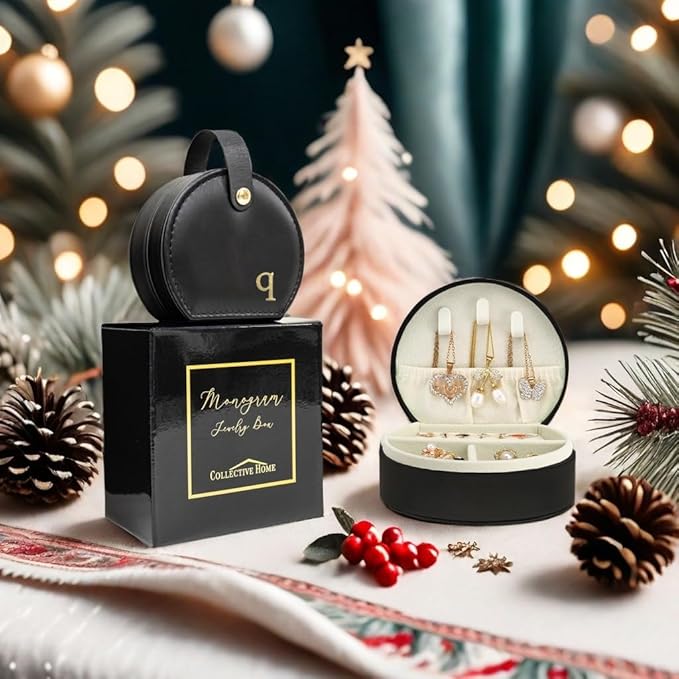 COLLECTIVE HOME - Travel Jewelry Case, Elegant Half-Moon Design with Gold Monogram, Detachable Handle, Personalized Accessory Organizer, Gift for Fashion-Forward Women and Teens, Black (q)-NeatNest