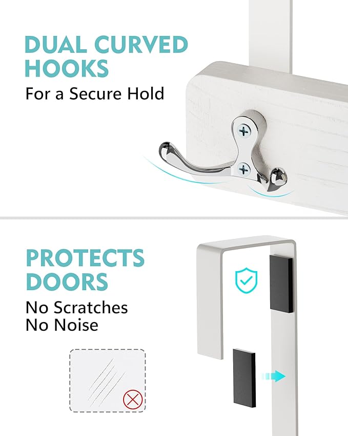 Mop and Broom Holder Wall Mount, No Drill Over the Door Broom and Mop Holder with 4 Slots and 2 Hooks, Wood Tool Hanger for Laundry, Cabinet, Kitchen, Garage