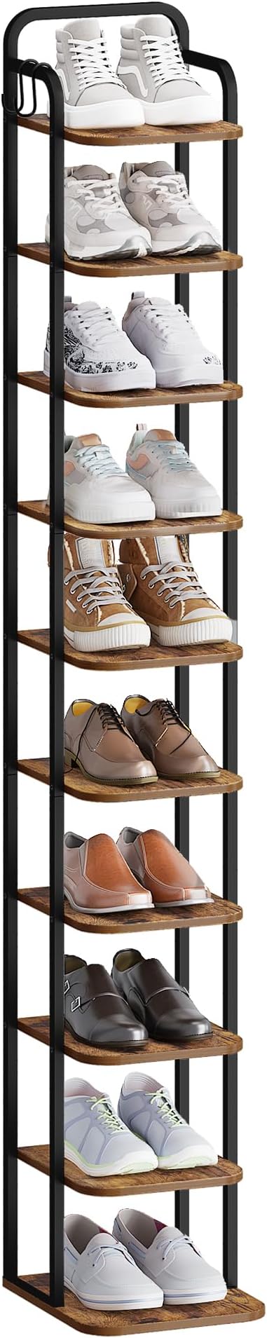 10 Tiers Vertical Shoe Rack, Narrow Shoe Tower, Tall Shoes Shelf with 2 Hooks, Adjustable Shelves, Corner Shoes Shelves for Small Spaces, Entryway, Living Room, Rustic Brown SR11201B-NeatNest