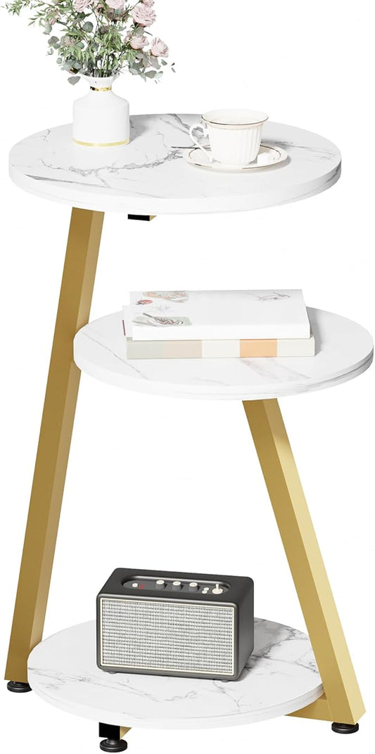 BEWISHOME Round End Table Marble Side Table with Metal Frame, Small Nightstand with 3-Tier Shelves, Night Stand for Living Room Bedroom Tall Gold White Stand KTZ41J-NeatNest