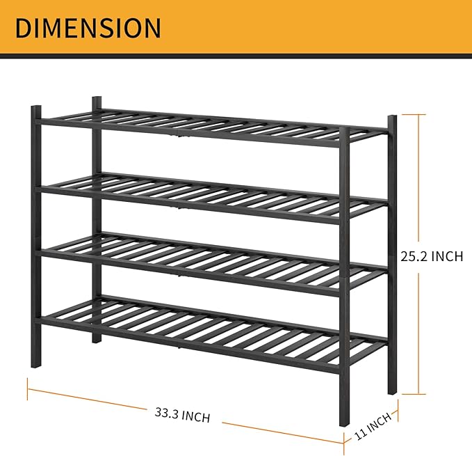 Long Shoe Rack, 4-Tier Bamboo Stackable Shoe Shelf Storage Organizer, Shoe Stand for Closet, Entryway and Hallway(Black)-NeatNest