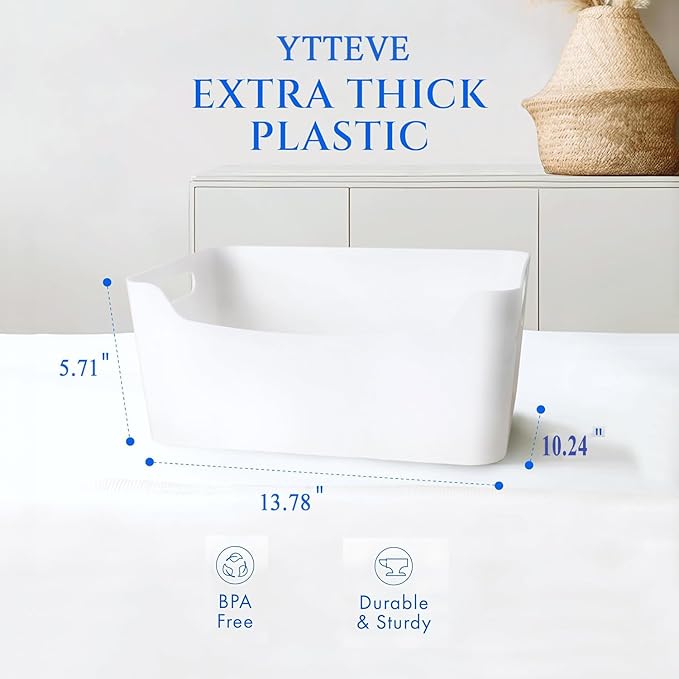 6 Pcs White Plastic Storage Bins for Shelves, Closet Kitchen Storage Containers for Pantry Bathroom Office Organization Baskets, Cabinet Organizing Containers, (Classic White storage bins, 2 L + 4 M)