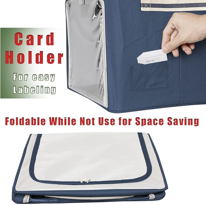 Clothes Storage Box Bins Stackable Foldable Organizer,Sturdy Handles with Metal Frame for Clothing Bedding Shelves,Closet Container with Clear Window Zipper and Label Holder (Navy, 40L x3 Pack)-NeatNest