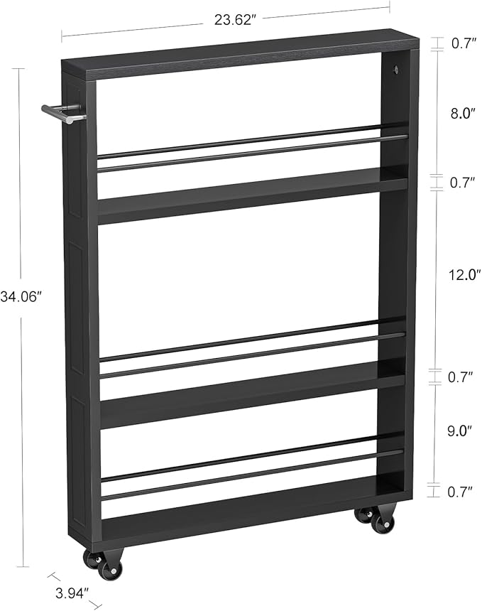 KLM Rolling Storage Cart 4-Tier Black Kitchen Cart with Wheels, Slim Storage Cart with Handle Slide Out Utility Cart Shelving Unit Organizer Trolley for Laundry Narrow Places Bathroom Small Corner