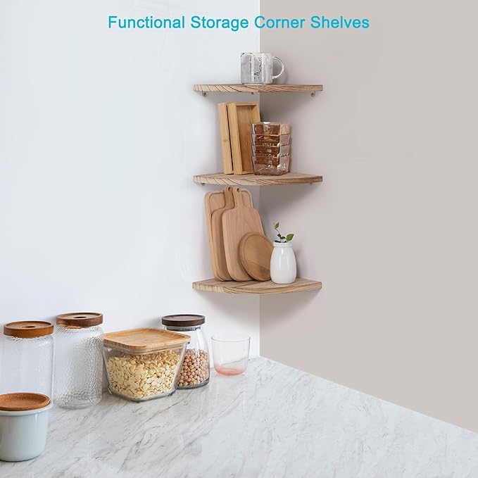 Joiishom Corner Wall Shelf Set of 3, Floating Corner Shelves, Rustic Wood Wall Storage Display Shelves for Living Room Bedroom Bathroom Kitchen (Round Edge-Carbonized)