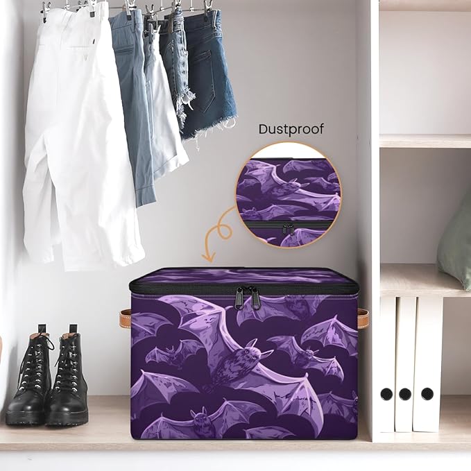 Halloween Bat Storage Bins with Lids, Purple Bats Fabric Storage Boxes with Zipper, Collapsible Decorative Closet Organizer Cube for Clothes,Organizing, Shelves-NeatNest