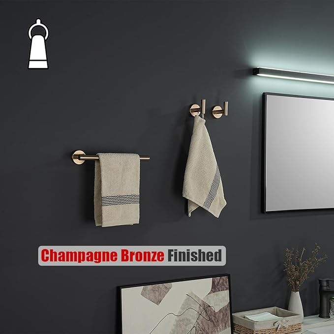 JQK Hand Towel Holder Towel Ring Champagne Bronze, 10 Inch Thicken 0.8mm 304 Stainless Steel Bathroom Hand Towel Bar, 9 Inch Useable Length Wall Mount Towel Rack, THH110L9-CB