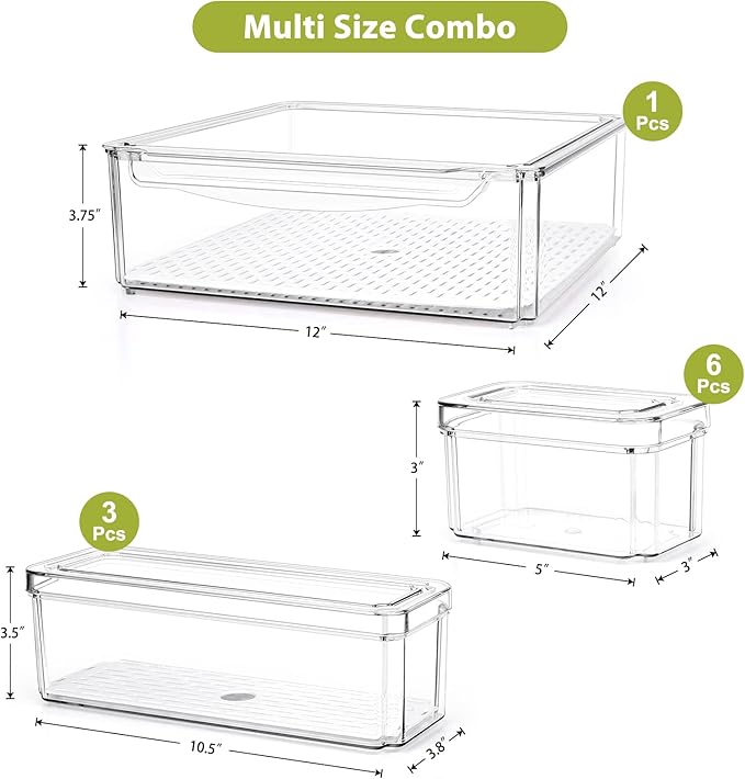 10 Pack Refrigerator Pantry Organizer Bins, Stackable Fridge Organizer Bins with Lids, Clear Plastic Food Storage Bins for Kitchen, Countertops, Cabinets, Fridge, Drinks, Fruits, Vegetable, Cereals