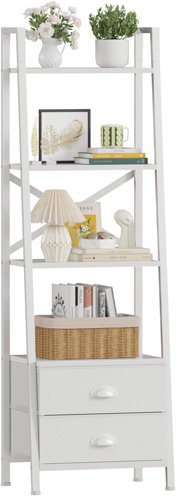 Furologee 4-Tier Ladder Shelf,Small Bookshelf with 2 Drawers,Vertical Bookcase Storage Rack Organizer,Rustic Bookshelves for Living Room,Bedroom,Bathroom,Home Office,Kitchen,White