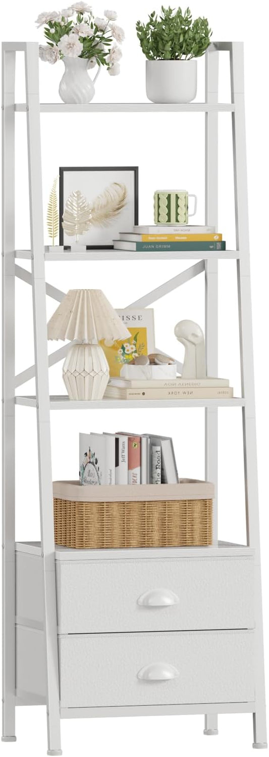 Furologee 4-Tier Ladder Shelf,Small Bookshelf with 2 Drawers,Vertical Bookcase Storage Rack Organizer,Rustic Bookshelves for Living Room,Bedroom,Bathroom,Home Office,Kitchen,White