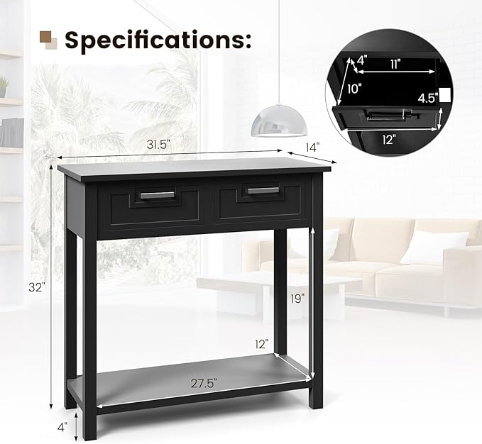 GOFLAME Small Console Table with 2 Drawers, 31” Entry Table with Storage Shelf, Modern, Narrow Sofa Table for Living Room, Hallway, Entrance (Black)-NeatNest
