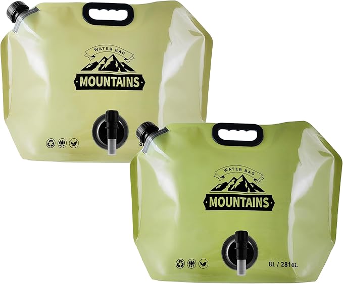 Collapsible 8L Water Storage Bag, BPA-Free Portable Folding Water Jug with Adjustable Faucet, Leakproof Emergency Water Bag for Camping, Hiking, Riding, Outdoor Sport (BEIGE & GREEN, 2)-NeatNest