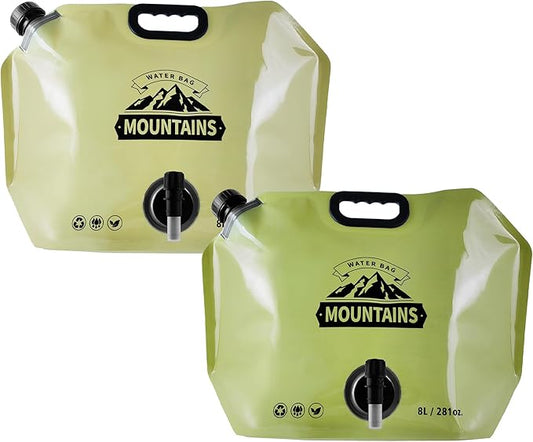 Collapsible 8L Water Storage Bag, BPA-Free Portable Folding Water Jug with Adjustable Faucet, Leakproof Emergency Water Bag for Camping, Hiking, Riding, Outdoor Sport (BEIGE & GREEN, 2)-NeatNest