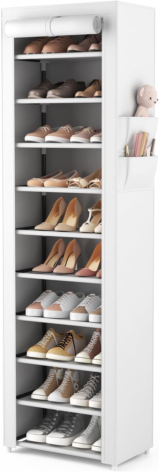 VTRIN Vertical Narrow Shoe Rack Organizer Tall Shoe Rack for Closet Entryway 10 Tier Non-Woven Cover Shoe Shelf Holds 20-22 Pairs Free Standing Shoe Storage Cabinet with Dustproof Cover, White-NeatNest