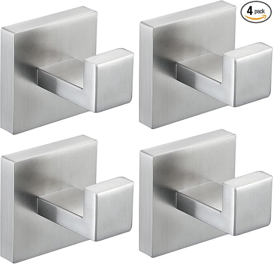 4 Pack Towel Hooks Brushed Nickel Hand Towel Holder for Bathroom Wall Bedroom Kitchen Heavy Duty Stainless Steel Hook Hanger for Robe, Bath Towel, Coat Wall Mounted Hook (Square Base)